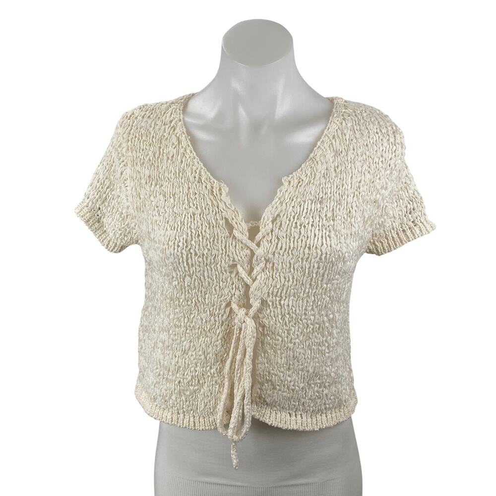MNG Mango Bow Closure Cream Open Knit Crochet Cap Sleeve Cardigan Blouse Top M